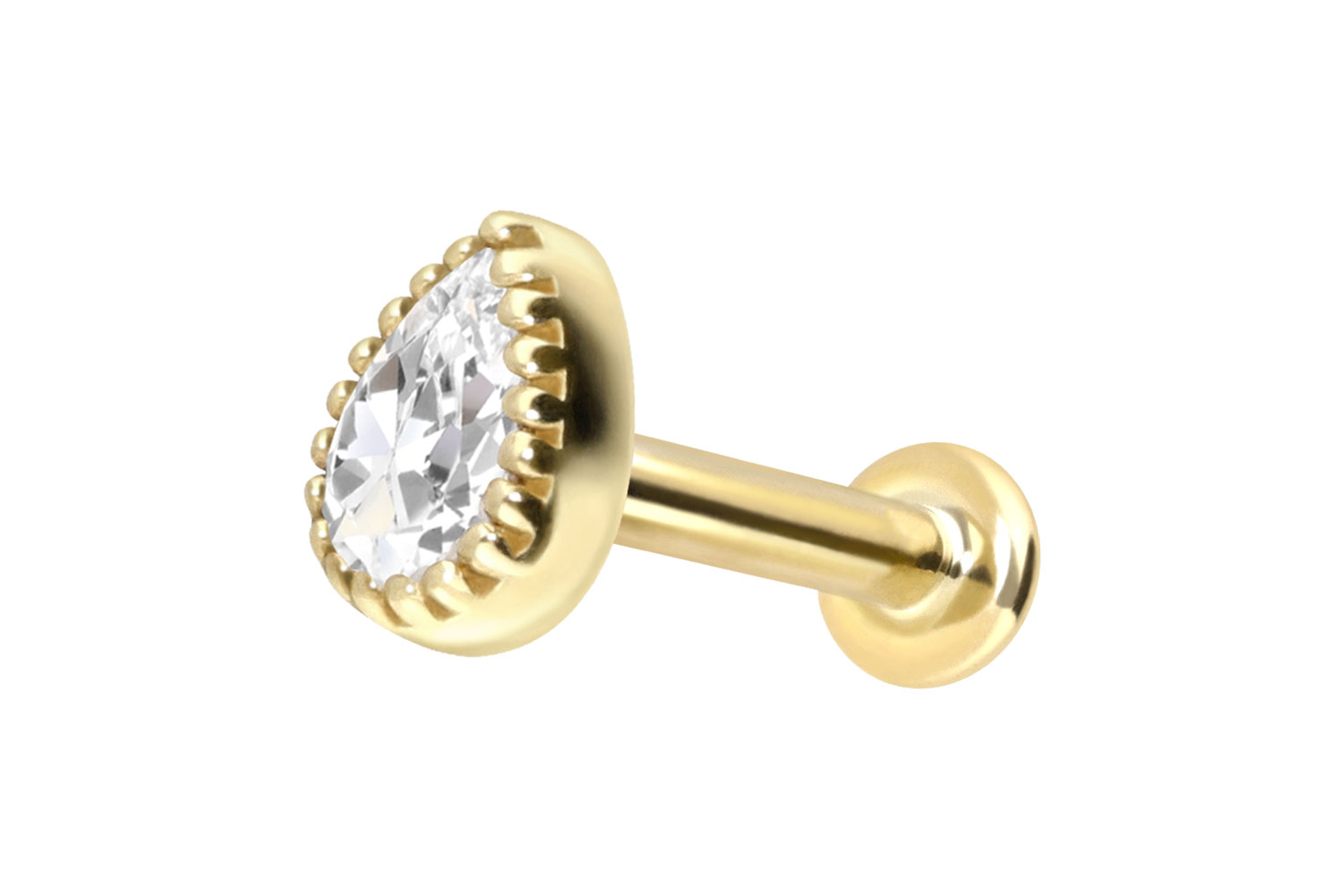 14 Karat Gold Labret Piercing mit Push Fit MOISSANIT-TROPFEN